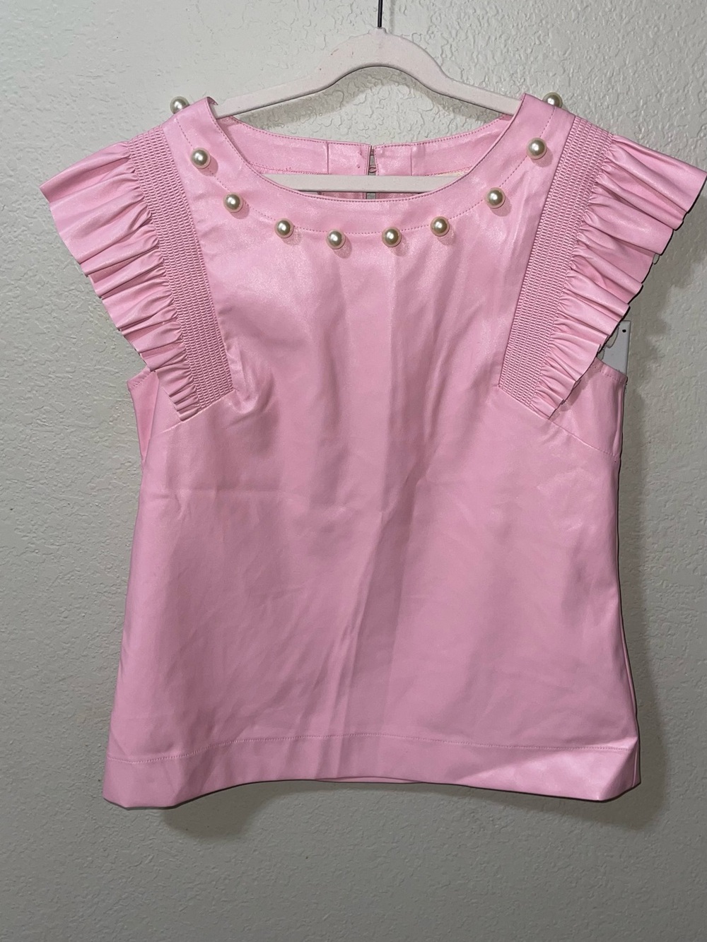 BiBi Pink Pearl-Trim Ruffle Sleeve Top